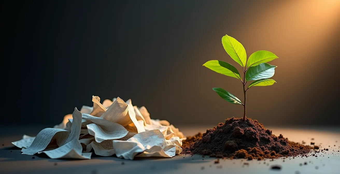 Composition symbolique montrant la différence entre une plante qui pousse (contenu durable) et un ticket jetable (publicité), sans texte.