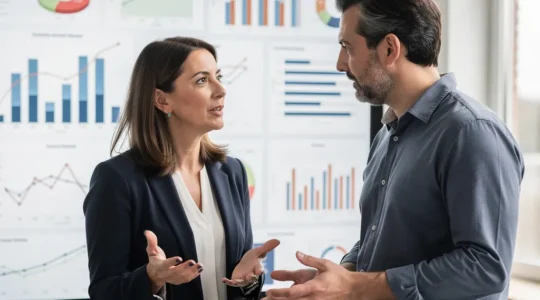 Responsable qualité échangeant avec un collègue devant un tableau d'indicateurs QSE