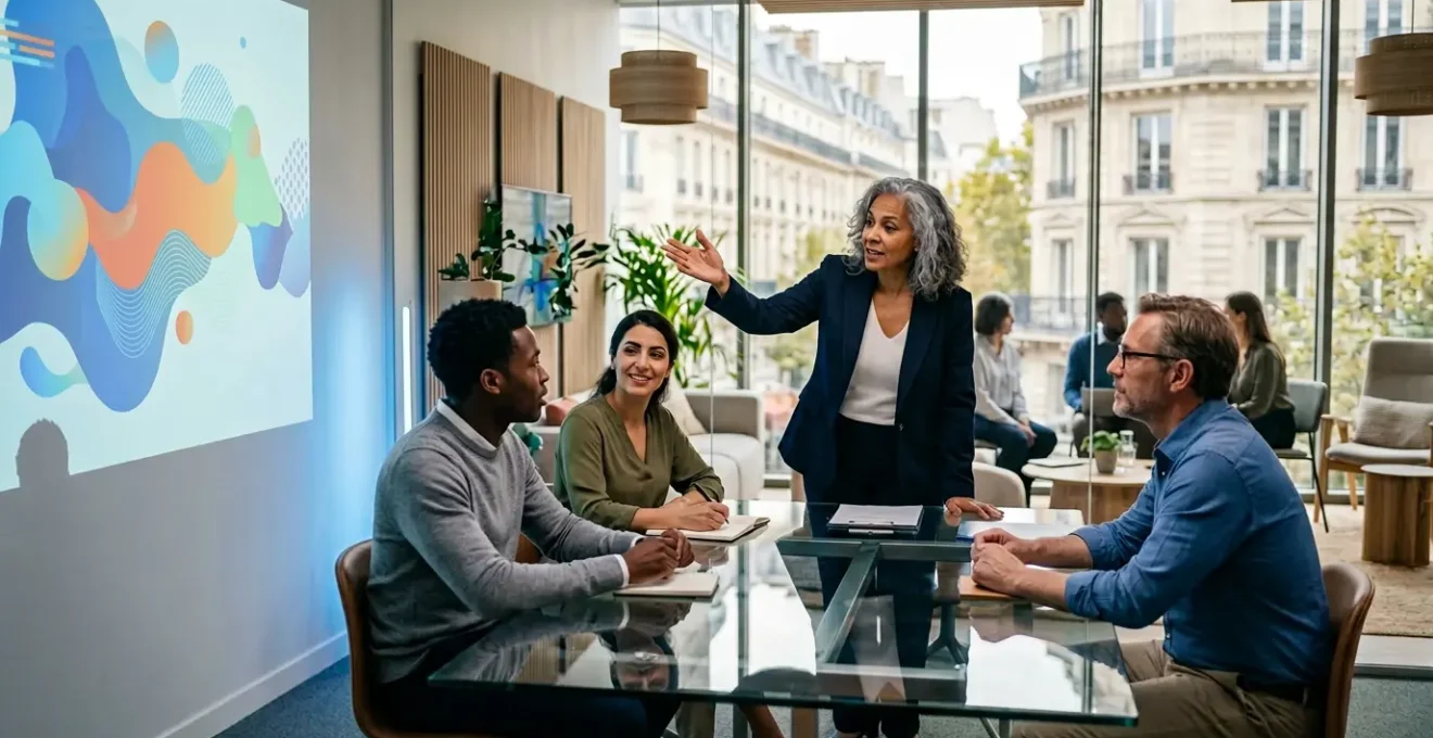 Professionnels discutant d'une stratégie de référencement dans un bureau moderne parisien