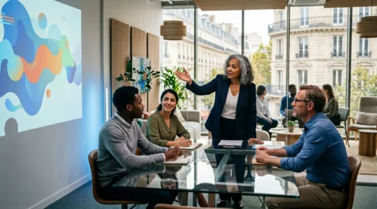 Professionnels discutant d'une stratégie de référencement dans un bureau moderne parisien
