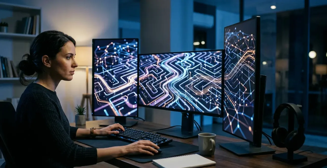 Personne naviguant dans un environnement de bureau numérique complexe avec plusieurs écrans et chemins de données visualisés