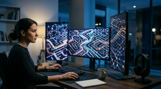 Personne naviguant dans un environnement de bureau numérique complexe avec plusieurs écrans et chemins de données visualisés