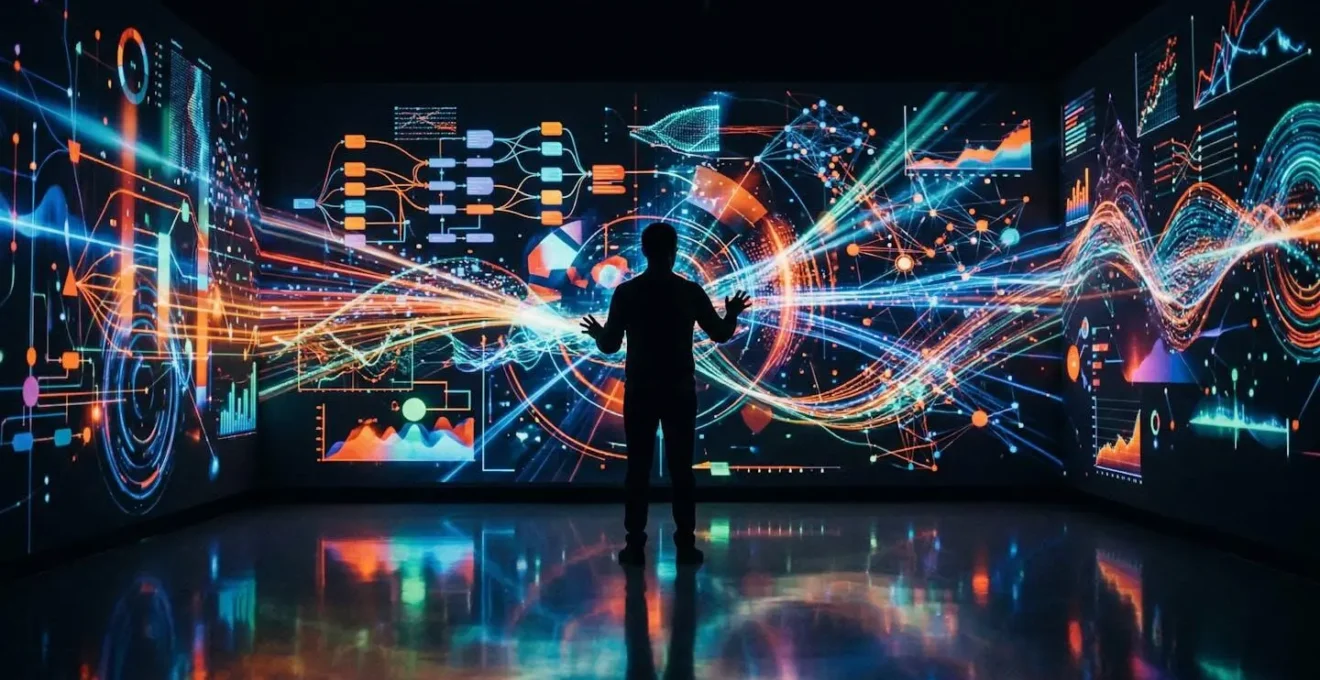 Analyste de données observant plusieurs écrans avec des graphiques de trafic web colorés