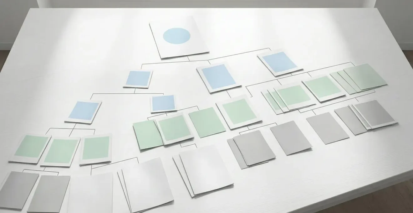 Vue aérienne minimaliste d'une architecture de documents organisés en structure hiérarchique