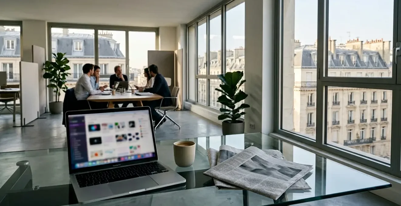 Bureau de rédaction moderne avec un journaliste en collaboration virtuelle