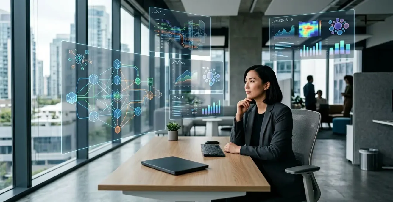 Expert SEO analysant des données d'indexation sur plusieurs écrans dans un environnement professionnel moderne