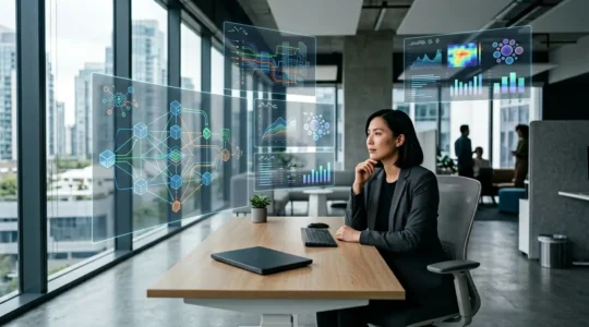 Expert SEO analysant des données d'indexation sur plusieurs écrans dans un environnement professionnel moderne