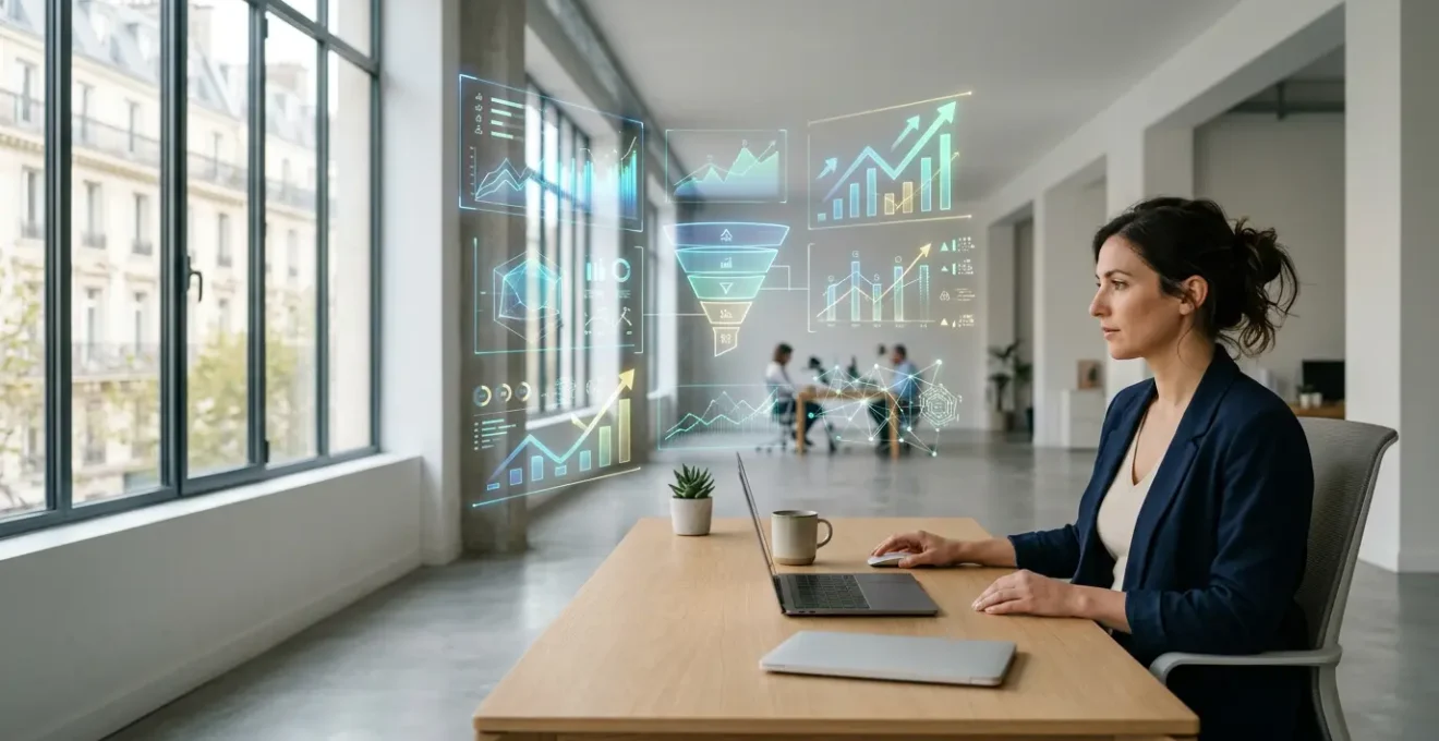 Stratège marketing analysant des données de conversion sur plusieurs écrans dans un bureau moderne