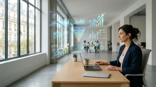 Stratège marketing analysant des données de conversion sur plusieurs écrans dans un bureau moderne