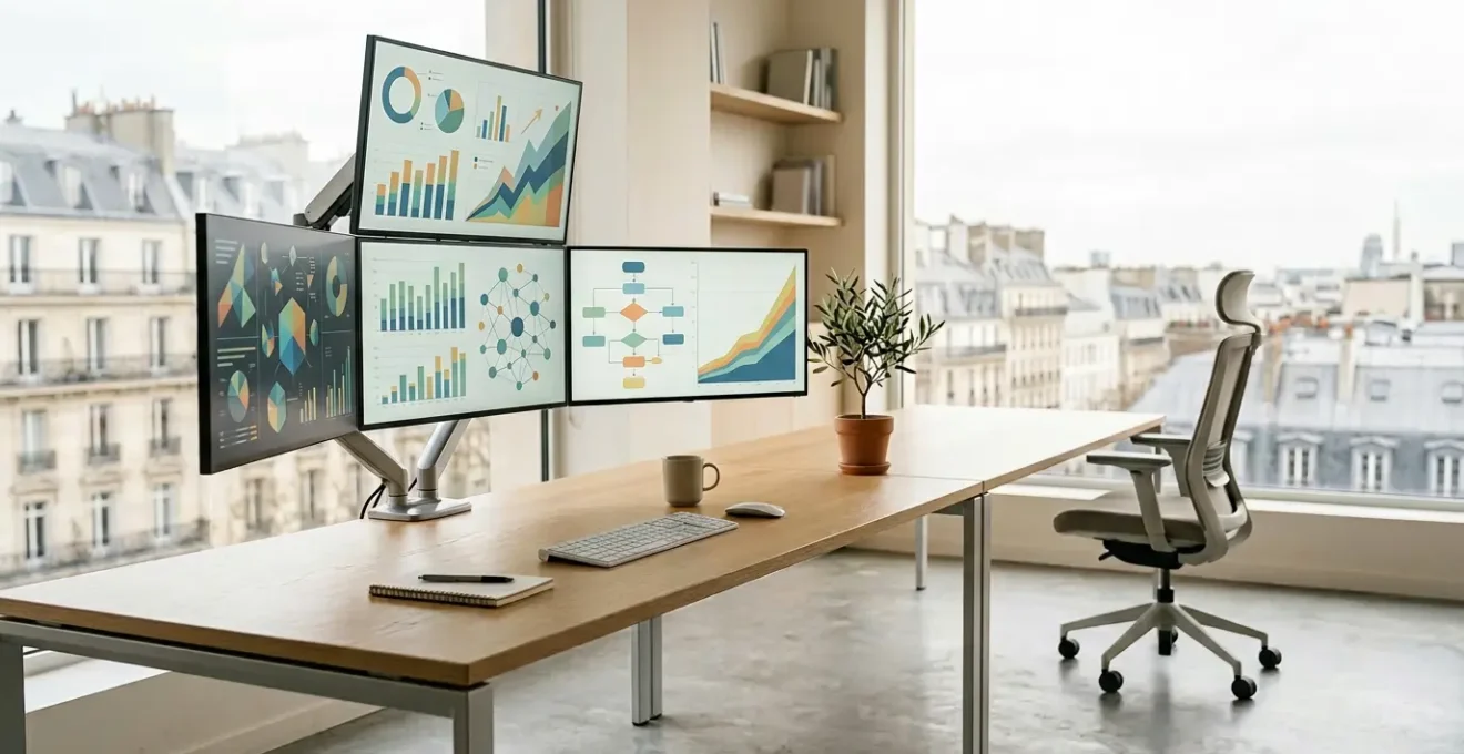 Analyse stratégique SEO avec tableaux de données et graphiques sur plusieurs écrans