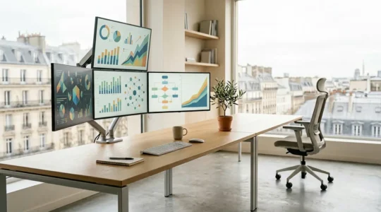 Analyse stratégique SEO avec tableaux de données et graphiques sur plusieurs écrans