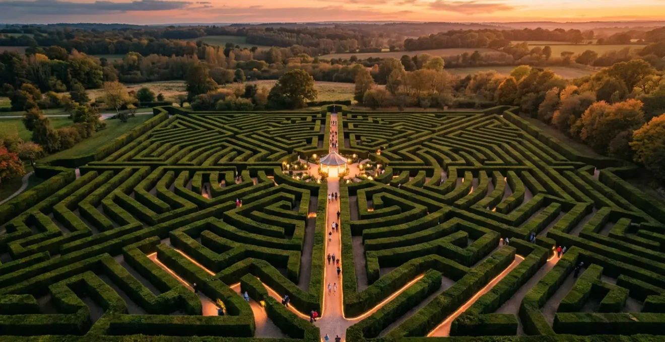 Vue aérienne d'un labyrinthe végétal complexe avec plusieurs chemins illuminés menant vers un centre lumineux