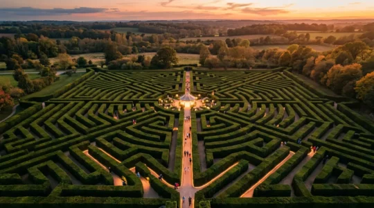 Vue aérienne d'un labyrinthe végétal complexe avec plusieurs chemins illuminés menant vers un centre lumineux