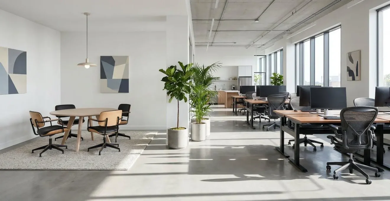 Bureau moderne avec deux espaces distincts symbolisant le choix entre agence externe et équipe interne