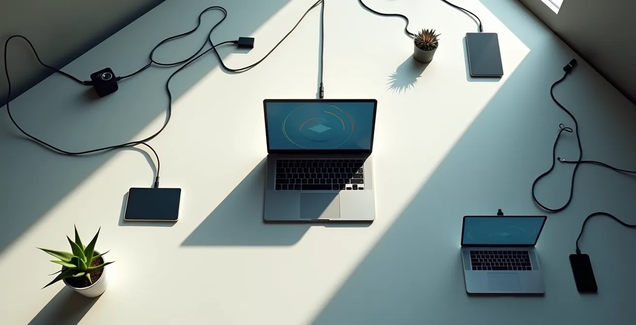 Vue minimaliste d'un espace de travail épuré avec un seul ordinateur focalisé sur une tâche unique.