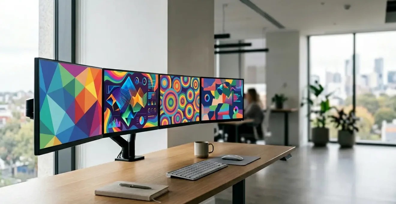 Vue professionnelle d'un bureau moderne avec plusieurs écrans affichant des tableaux de bord analytiques et des graphiques de données