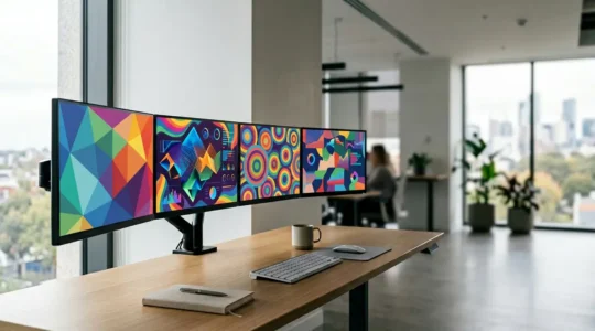 Vue professionnelle d'un bureau moderne avec plusieurs écrans affichant des tableaux de bord analytiques et des graphiques de données