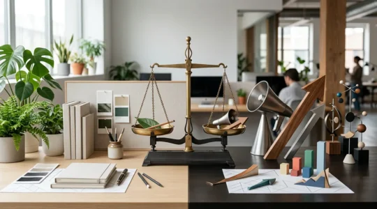 Représentation métaphorique de l'équilibre entre content marketing et outbound marketing avec deux plateaux en équilibre