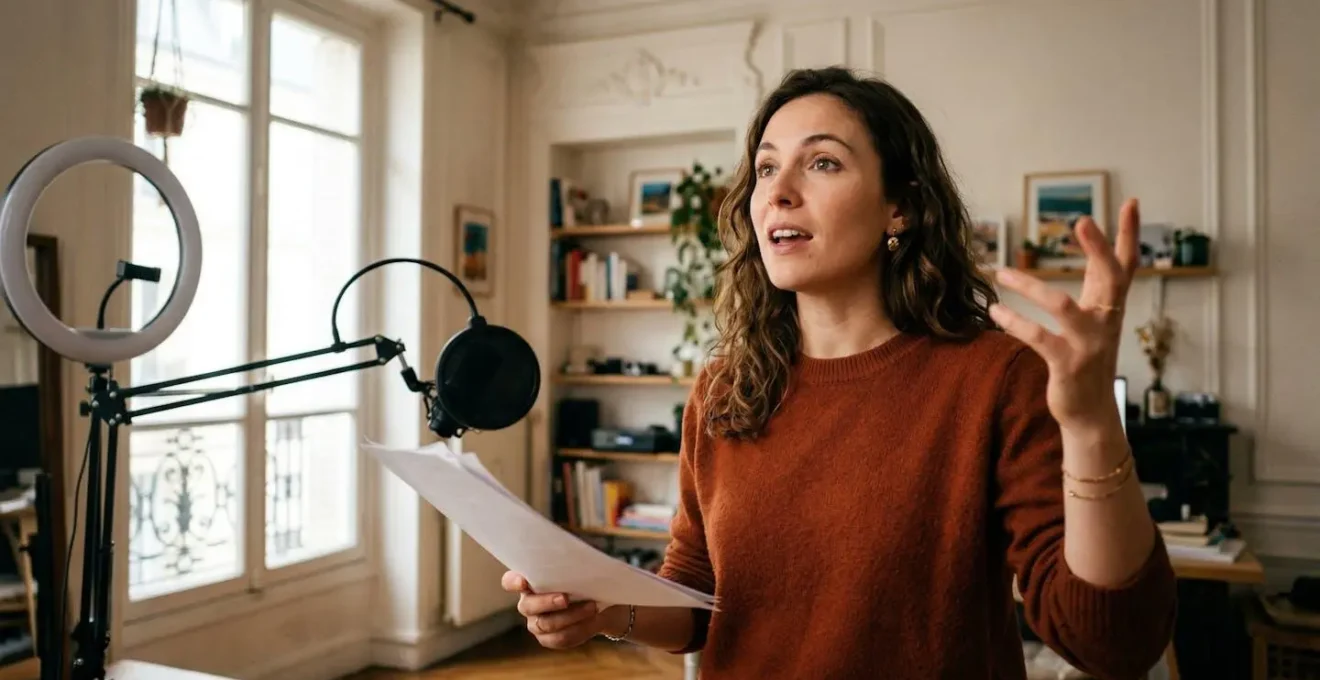 Créateur de contenu français préparant le script d'une vidéo TikTok dans un studio moderne