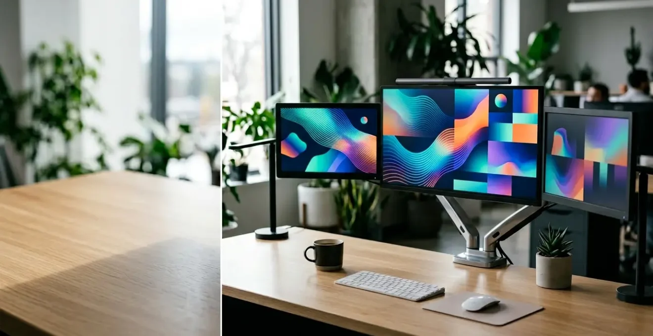 Vue d'un bureau moderne avec plusieurs écrans affichant des graphiques et analyses de données marketing