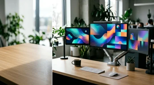 Vue d'un bureau moderne avec plusieurs écrans affichant des graphiques et analyses de données marketing