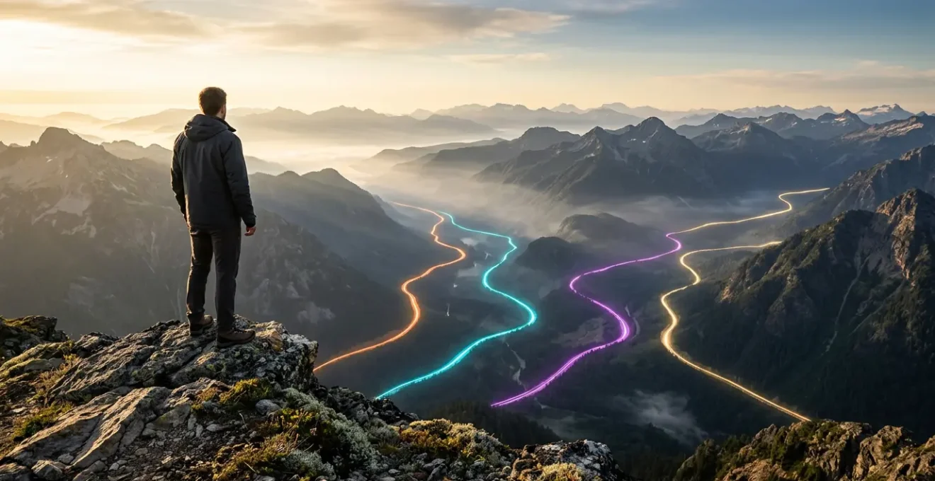 Un entrepreneur regardant plusieurs horizons depuis un sommet montagneux avec des chemins lumineux représentant différentes sources de trafic