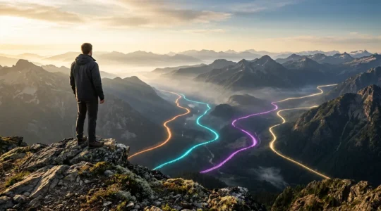 Un entrepreneur regardant plusieurs horizons depuis un sommet montagneux avec des chemins lumineux représentant différentes sources de trafic