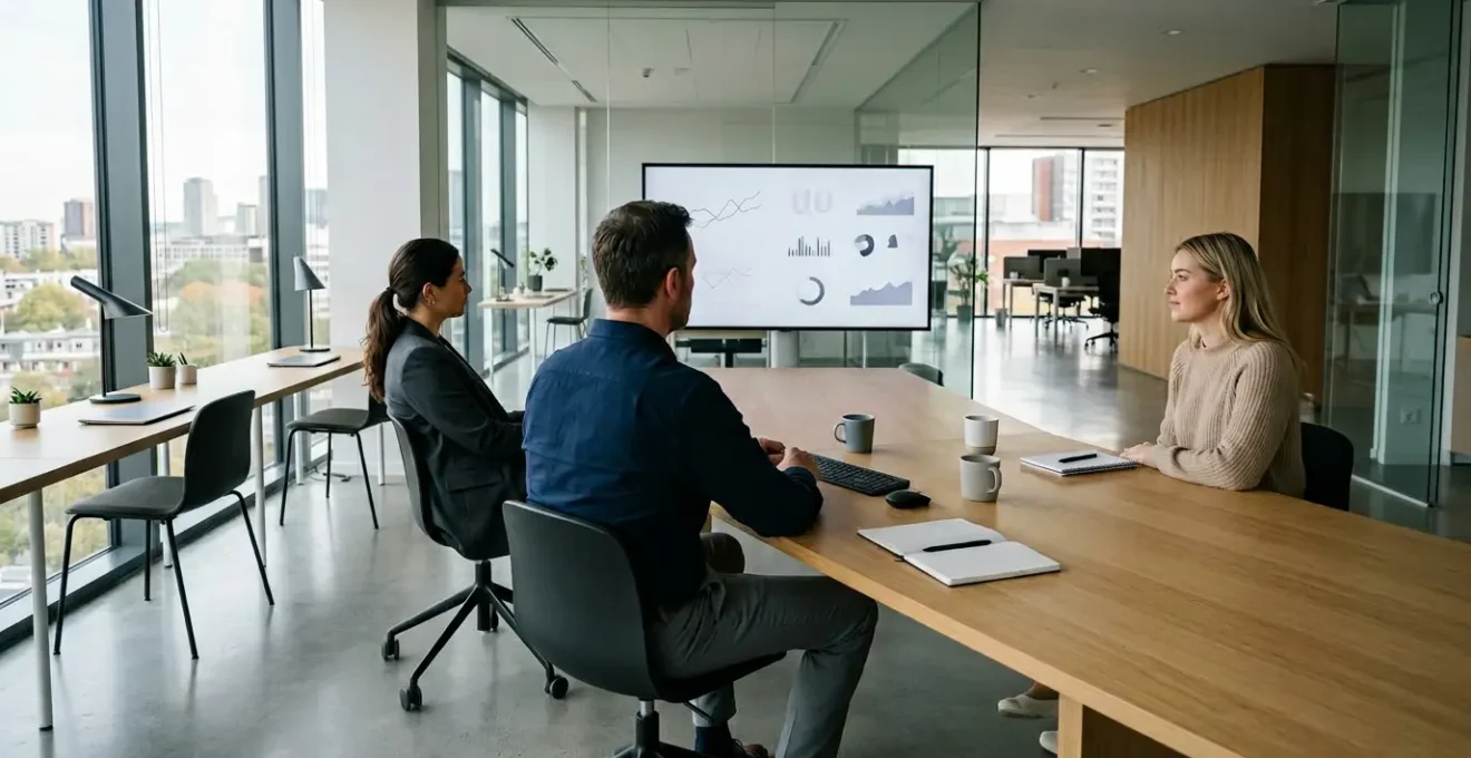 Équipe marketing analysant un tableau de bord d'automatisation dans un bureau moderne