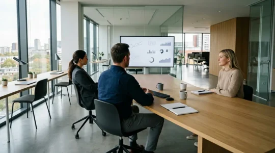 Équipe marketing analysant un tableau de bord d'automatisation dans un bureau moderne