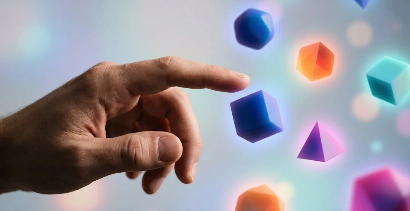 Composition minimaliste montrant l'interaction humaine avec des éléments d'interface abstraits pour le partage social