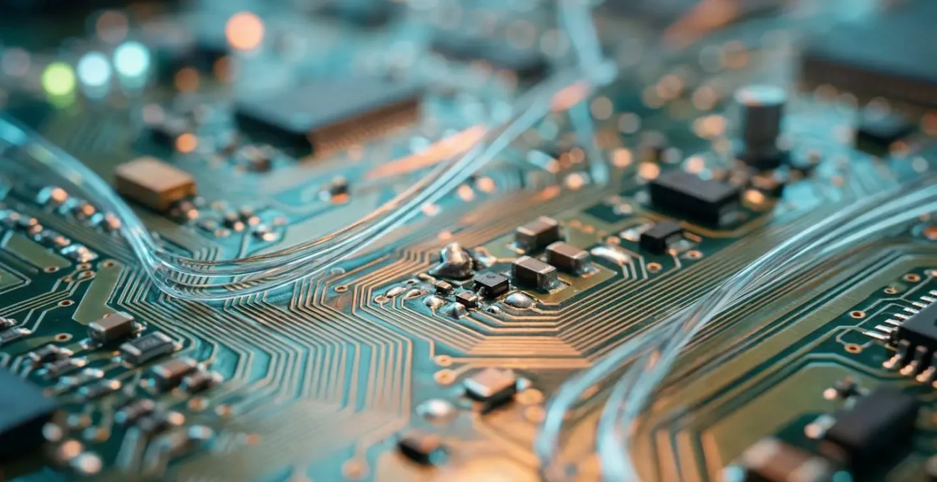 Vue macro de composants technologiques symbolisant la spécialisation technique en SEO