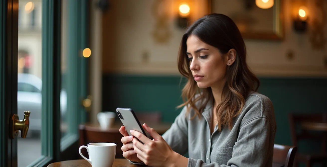 Portrait d'une femme concentrée regardant son téléphone avec une expression neutre dans un café parisien