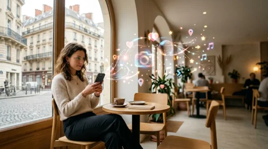 Jeune personne de la Gen Z utilisant son smartphone pour rechercher sur les réseaux sociaux dans un environnement urbain moderne