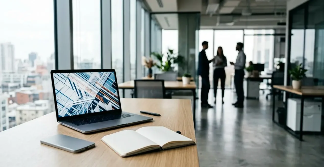 Photographie professionnelle montrant un environnement de bureau moderne avec un écran d'ordinateur affichant des données de conversion et un smartphone posé à côté