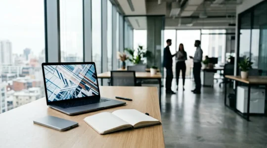 Photographie professionnelle montrant un environnement de bureau moderne avec un écran d'ordinateur affichant des données de conversion et un smartphone posé à côté