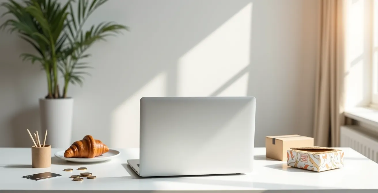 Vue grand angle d'un bureau moderne avec ordinateur portable montrant l'arrière du dispositif et des éléments de paiement français éparpillés