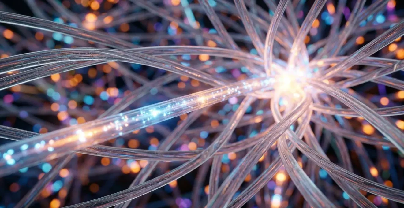 Représentation macro d'un réseau de fibres optiques transmettant des signaux lumineux symbolisant la découverte d'URLs par Googlebot via l'API Twitter
