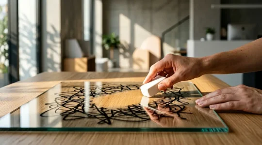 Vue symbolique de la protection de l'identité numérique avec une main effaçant des traces négatives sur un écran