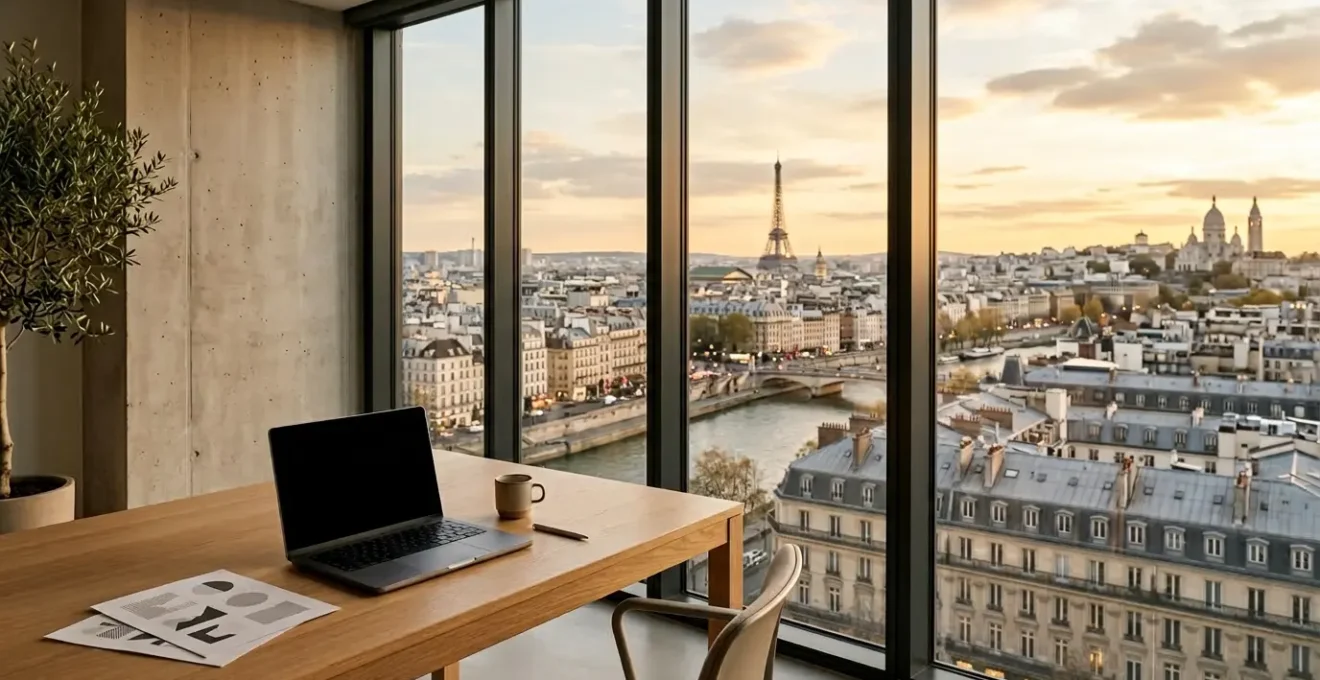 Environnement de bureau moderne avec vue panoramique sur une ville française, montrant l'évolution de la notoriété numérique