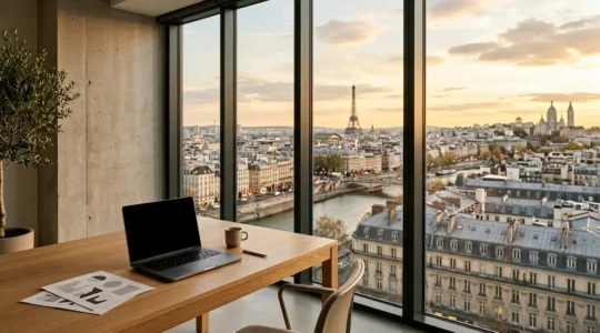 Environnement de bureau moderne avec vue panoramique sur une ville française, montrant l'évolution de la notoriété numérique