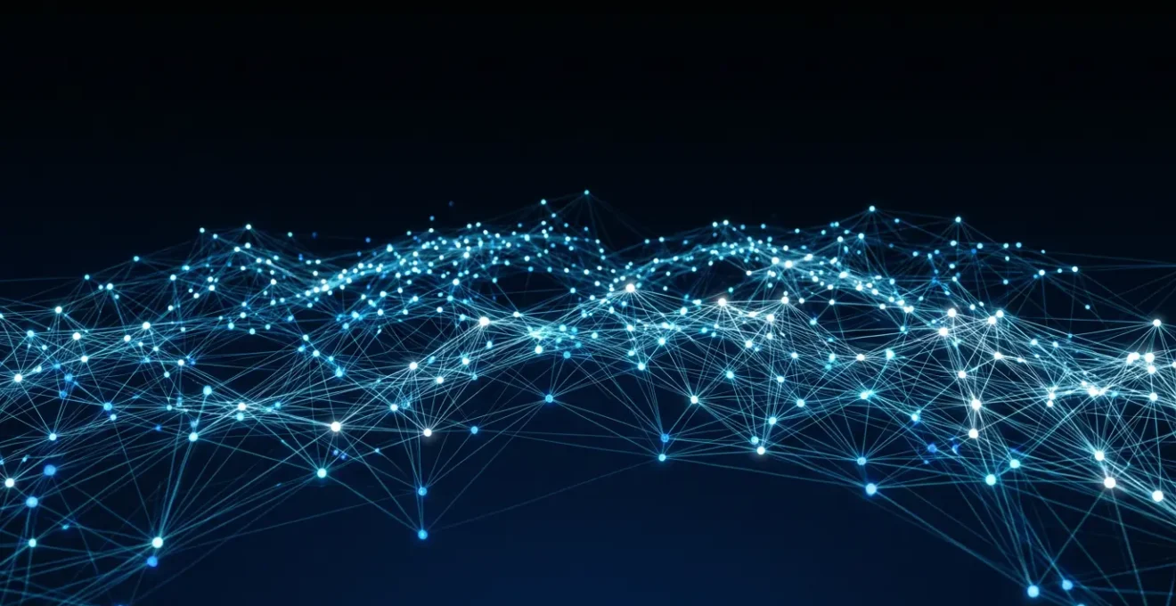 Vue aérienne d'un réseau de connexions lumineuses interconnectées évoquant les interactions sociales et leur impact sur le référencement web