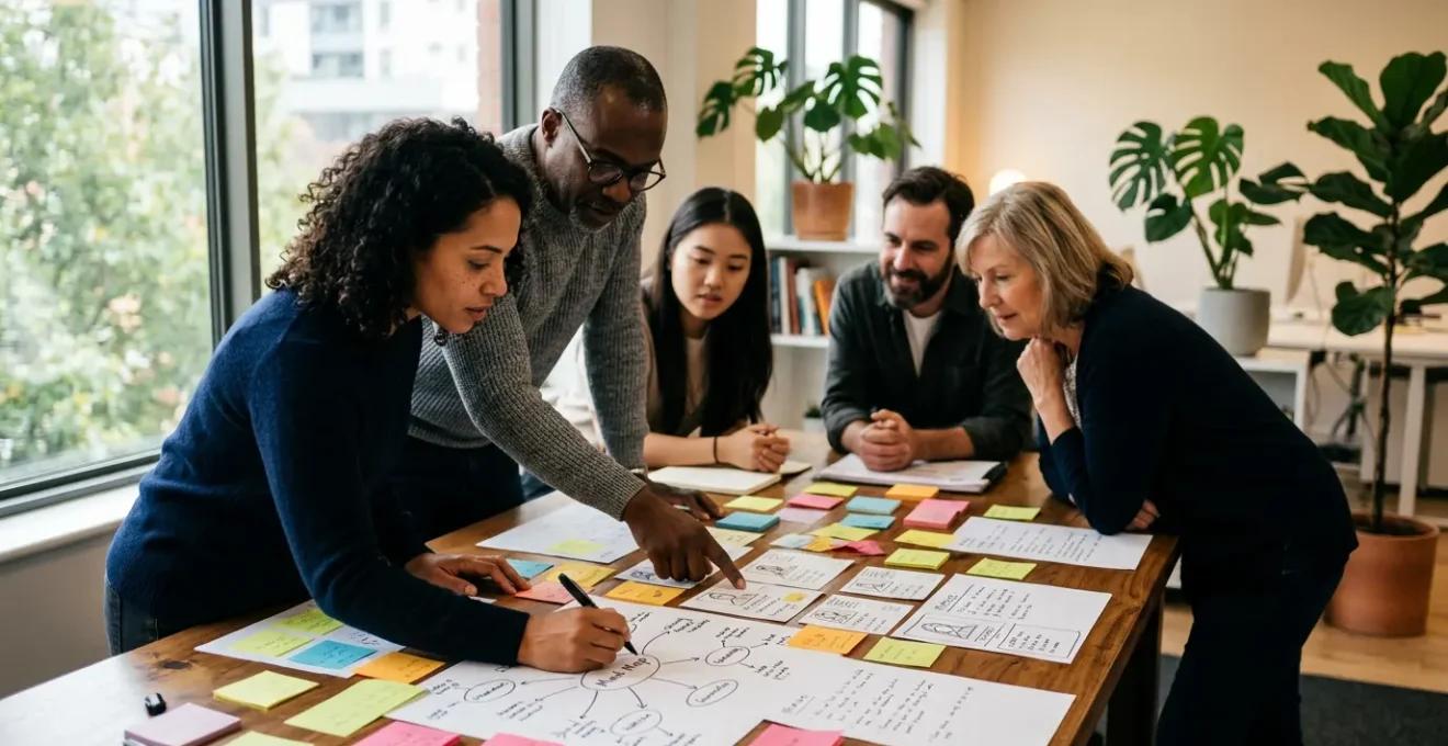 Personnes diverses travaillant sur des personas marketing dans un espace de bureau moderne