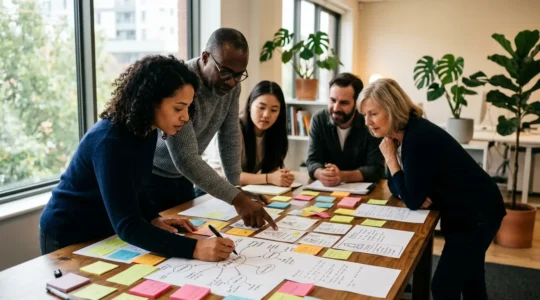 Personnes diverses travaillant sur des personas marketing dans un espace de bureau moderne