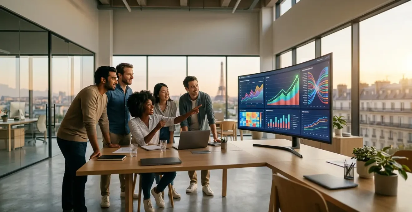 Équipe analysant des données SEO sur plusieurs écrans dans un bureau moderne après une mise à jour Google