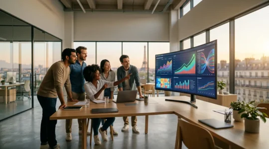 Équipe analysant des données SEO sur plusieurs écrans dans un bureau moderne après une mise à jour Google