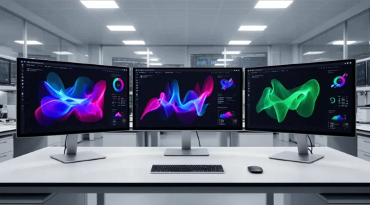 Laboratoire moderne d'analyse de données avec écrans affichant des graphiques de conversion et un scientifique analysant des résultats