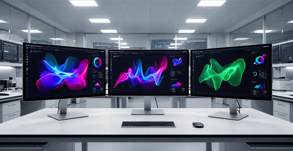 Laboratoire moderne d'analyse de données avec écrans affichant des graphiques de conversion et un scientifique analysant des résultats