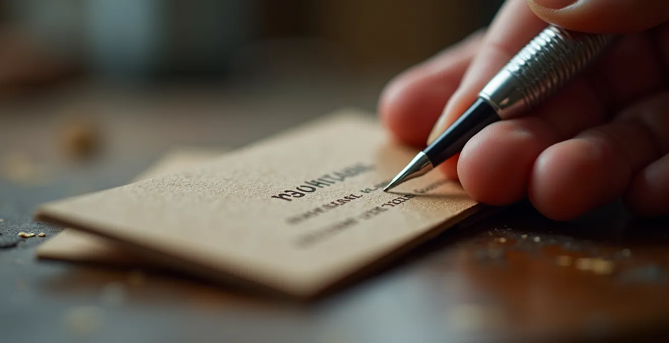 Vue macro d'une main tenant une carte de visite artisanale française avec détails de texture et qualité du papier.