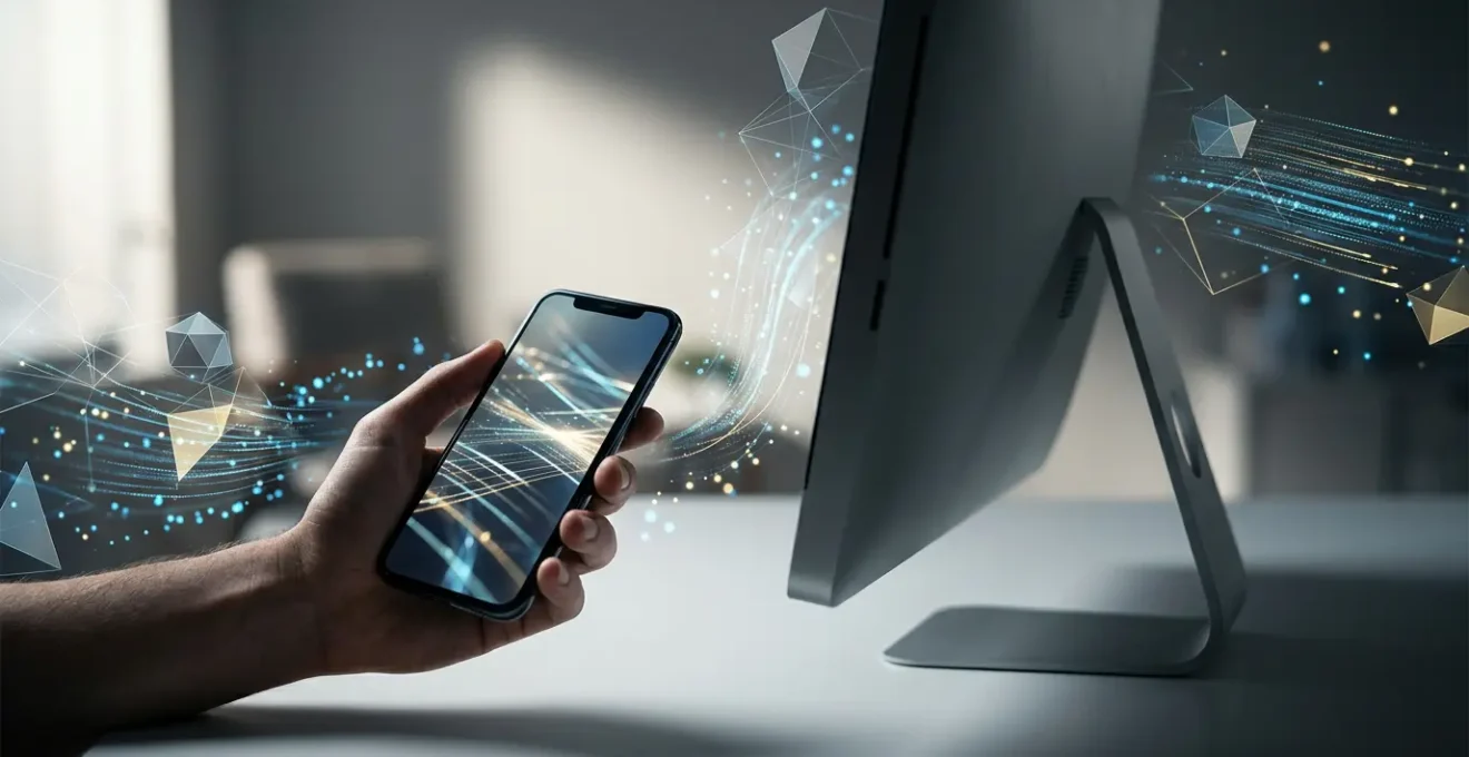 Comparaison visuelle entre une version desktop élégante et une version mobile optimisée d'un site web, illustrant le concept d'Index Mobile First
