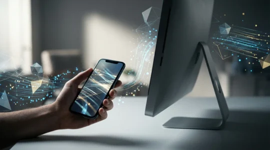 Comparaison visuelle entre une version desktop élégante et une version mobile optimisée d'un site web, illustrant le concept d'Index Mobile First